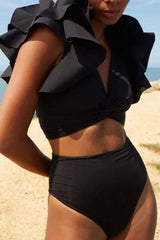 Black Ruffled Plunge Twist-Knot High-Waisted Two-Piece Swimsuit
