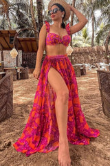 Ruffled Floral-Print Underwire High-Wasit Bikini Set - Red And Orange Flowers