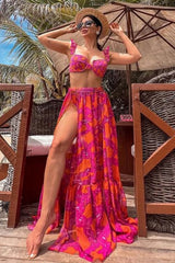 Ruffled Floral-Print Underwire High-Wasit Bikini Set - Red And Orange Flowers