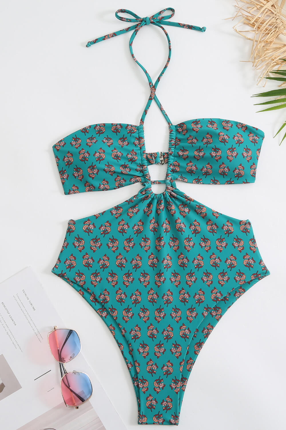 Floral Printed Cutouts Halter One Piece Swimsuit - Green
