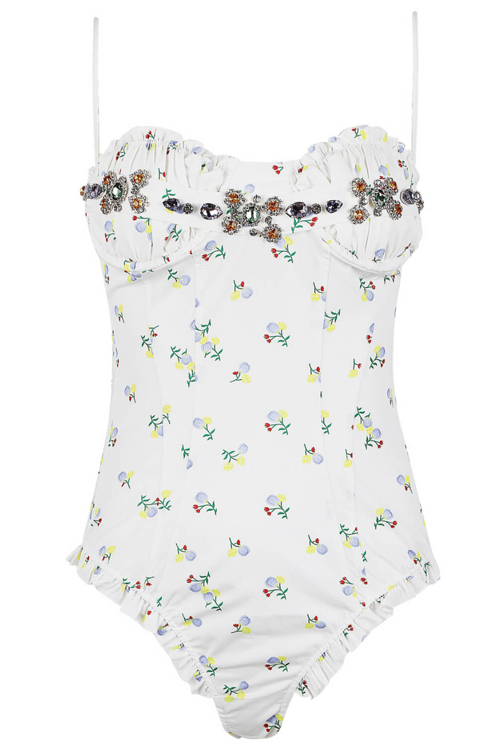 Floral-Print Ruffled Trim Ruched Underwire One Piece Swimsuit With Crystal Embroidered Detailing