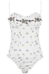 Floral-Print Ruffled Trim Ruched Underwire One Piece Swimsuit With Crystal Embroidered Detailing