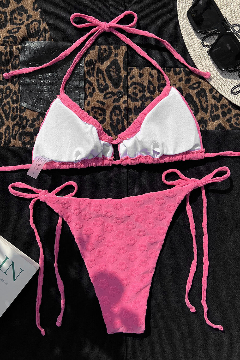 Hot Pink Floral Terry Towel Halter Tie Side Bikini Set