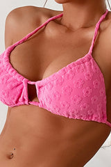 Hot Pink Floral Terry Towel Halter Tie Side Bikini Set