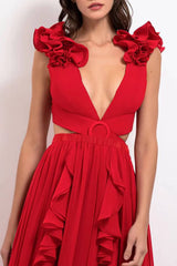 Red Deep V Ruffled Cutout One Piece Swimsuit