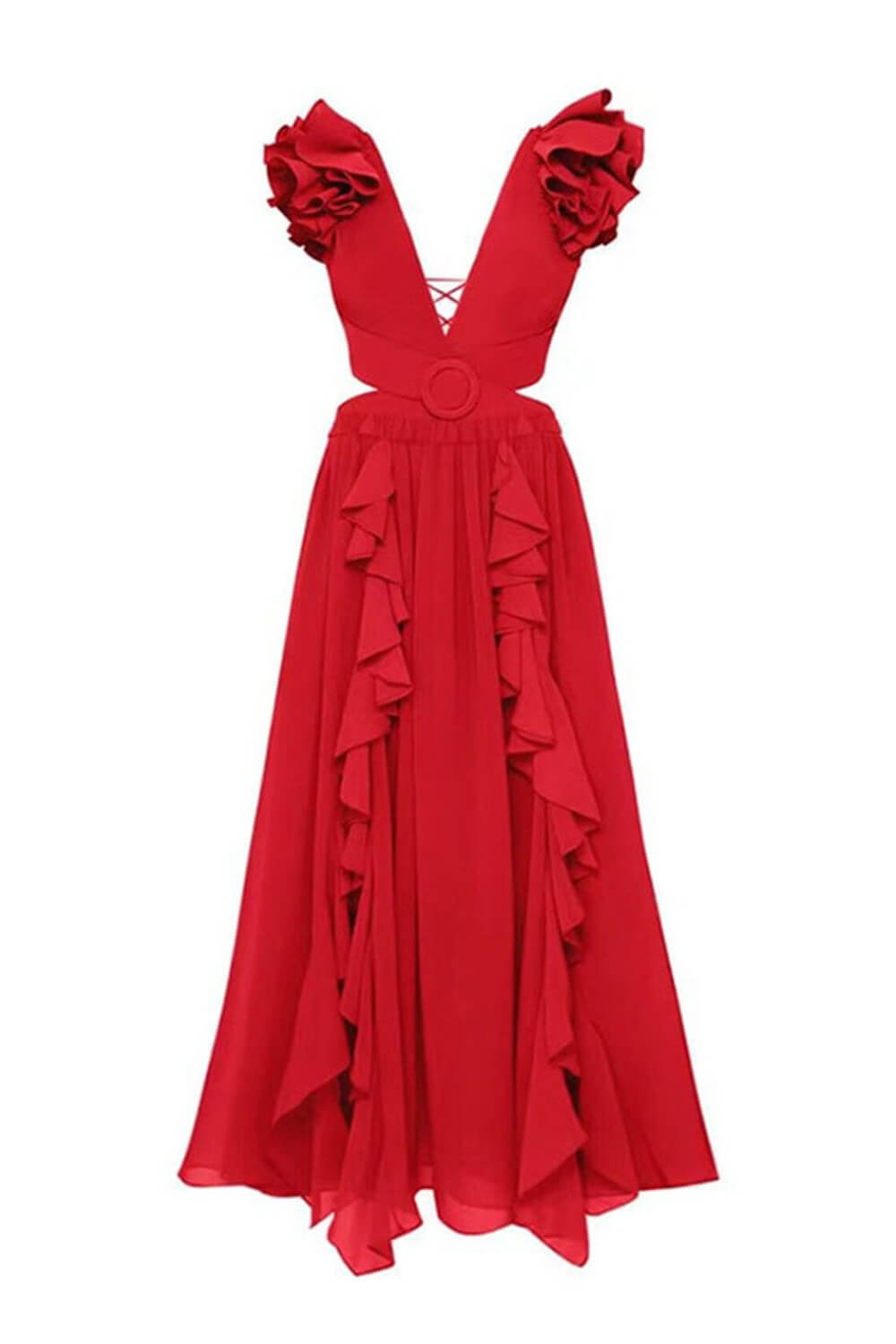 Red Deep V Ruffled Cutout One Piece Swimsuit