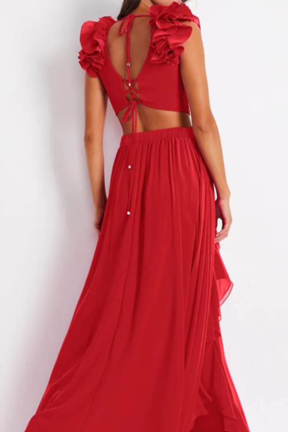 Red Deep V Ruffled Cutout One Piece Swimsuit