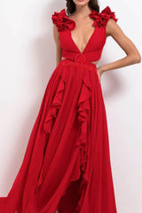 Red Deep V Ruffled Cutout One Piece Swimsuit