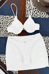 White Textured V-Wire Balconette High-Cut Bikini Set With Short Beach Skirt