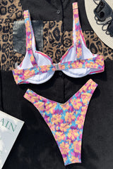 Tie-Dye Floral Print Underwire Balconette High-Cut Bikini Set