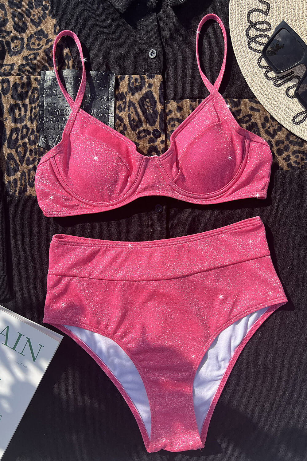 Pink Sparkly Balconette Underwire High-Waist Bikini Set