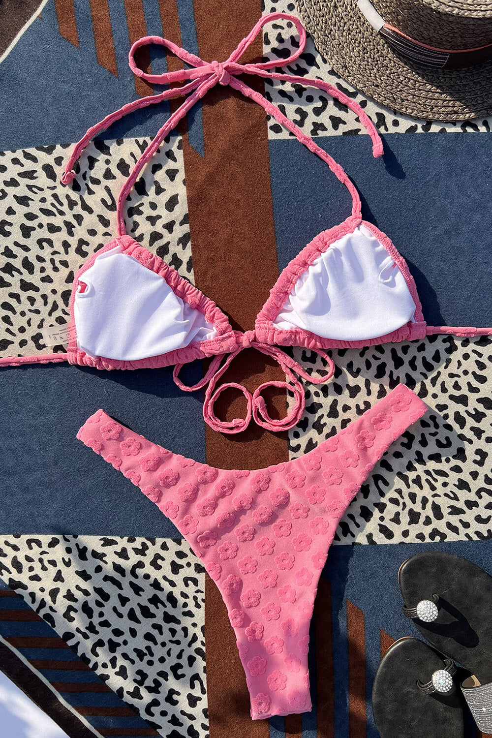 Hot Pink Floral Terry Towel Tie Front Triangle Halter Bikini Top