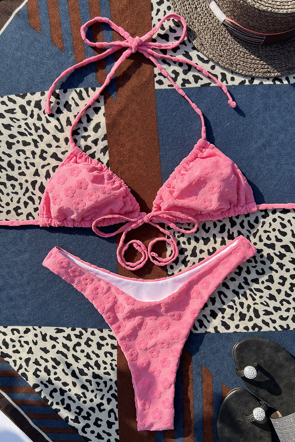 Hot Pink Floral Terry Towel Tie Front Triangle Halter Bikini Top
