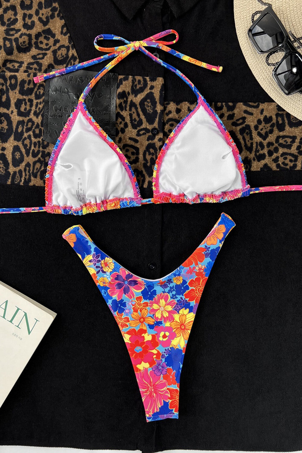 Floral Crinkle Triangle Halter High Cut Bikini Set