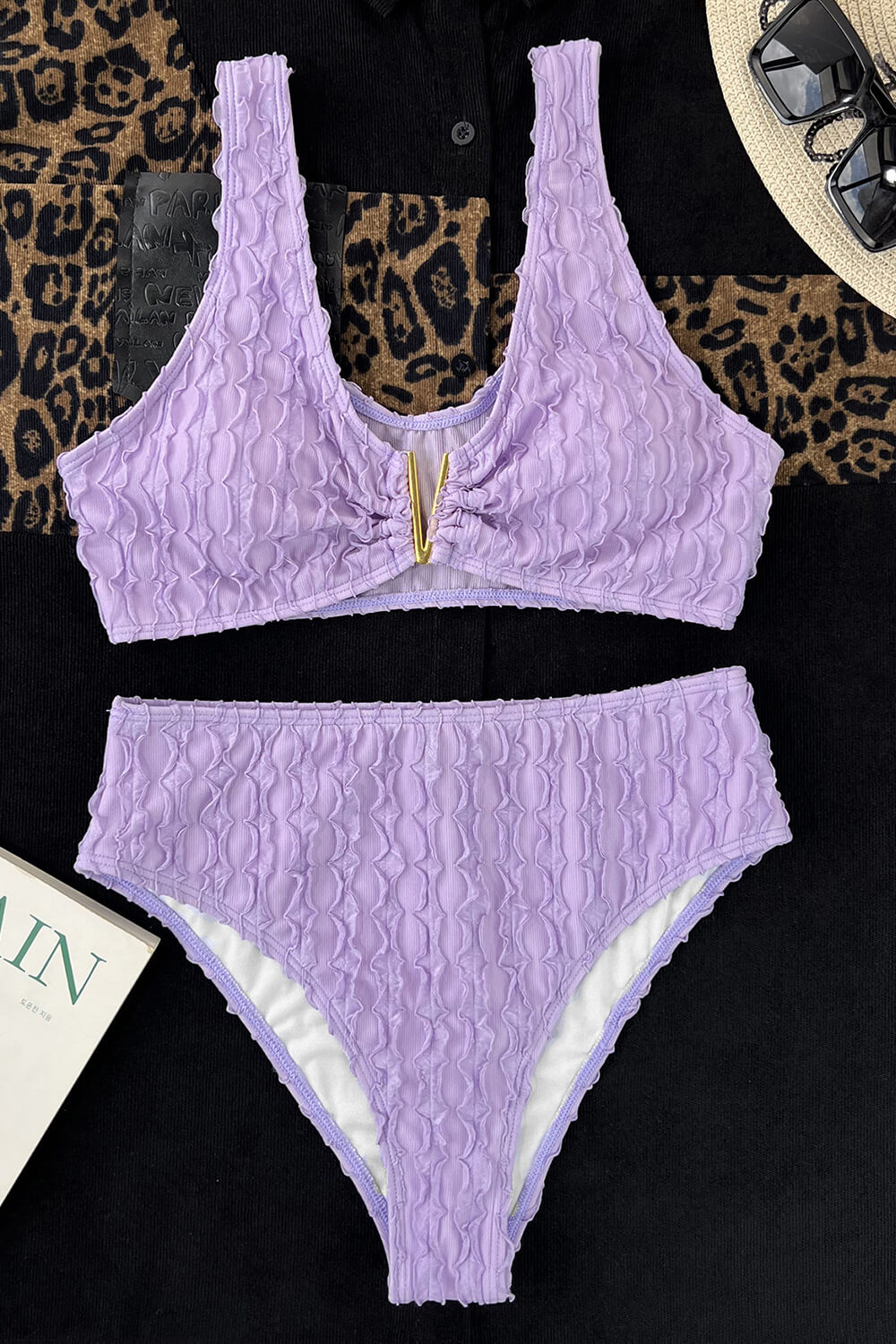Lilac V-Wire Textured High Waisted Bikini Set