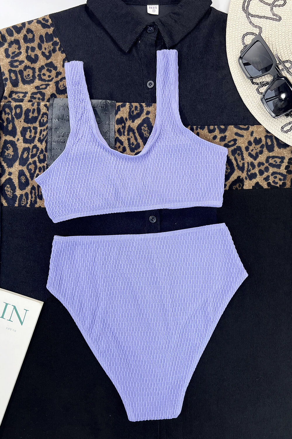 Lilac Textured Lace Up Bralette High Waisted Bikini Set