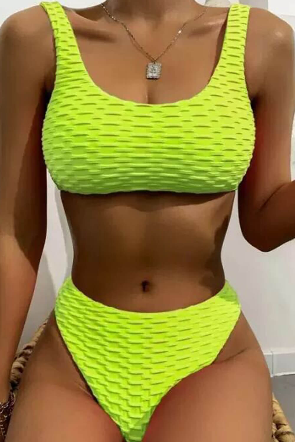 Checkered Terry Towel Cropped High Waisted Bikini Set - Hot Pink/Greenyellow/Aquamarine