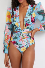 Blue Floral Printed Cut-Out Plunge Tulle Long Sleeve One-Piece Swimsuit