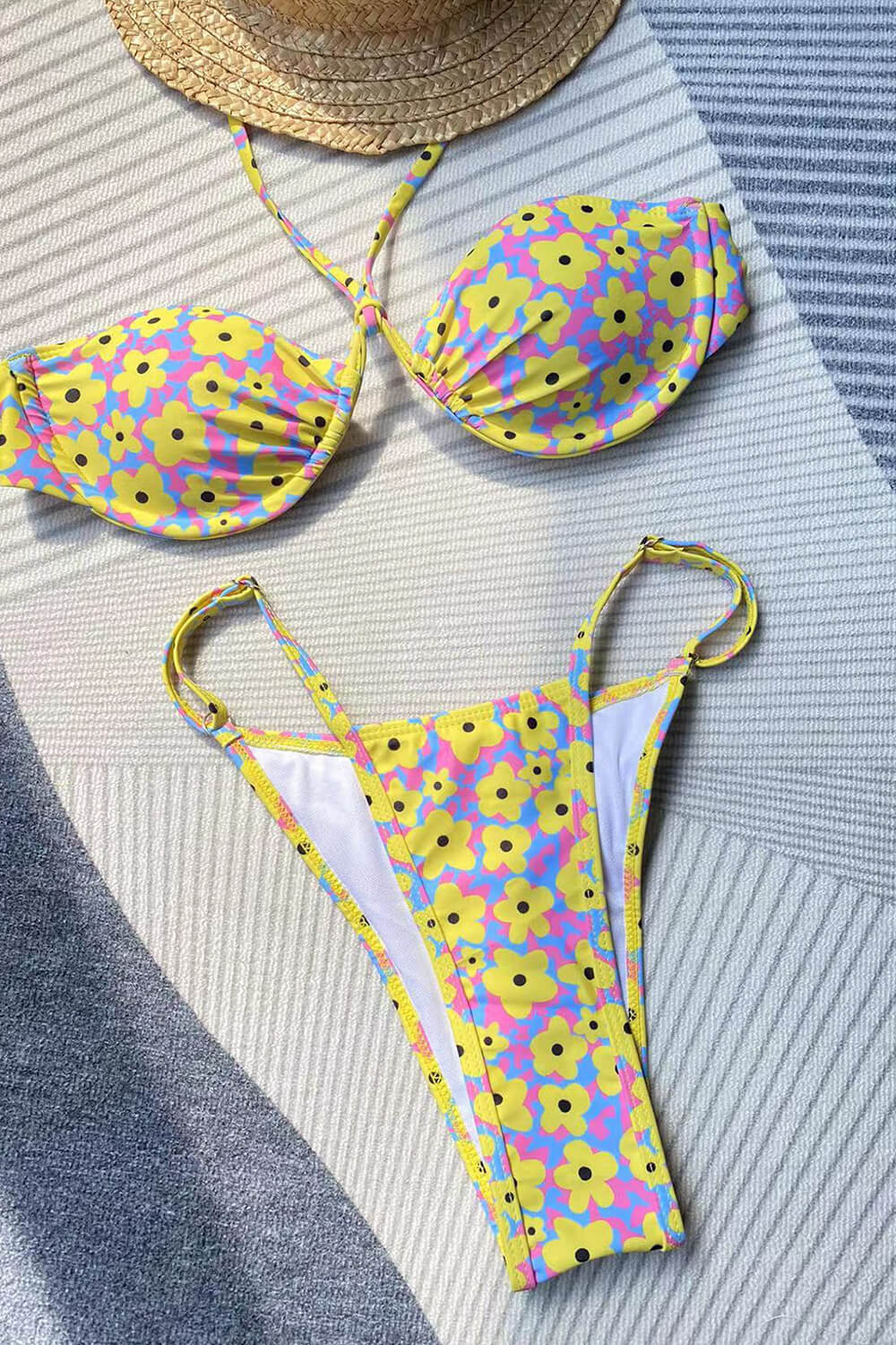Halter-Neck Bralette V Wire Bralette Tanga Scrunch Back Bikini Set - Yellow Flowers