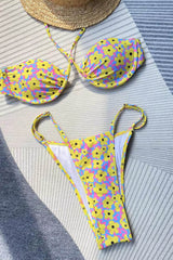 Halter-Neck Bralette V Wire Bralette Tanga Scrunch Back Bikini Set - Yellow Flowers