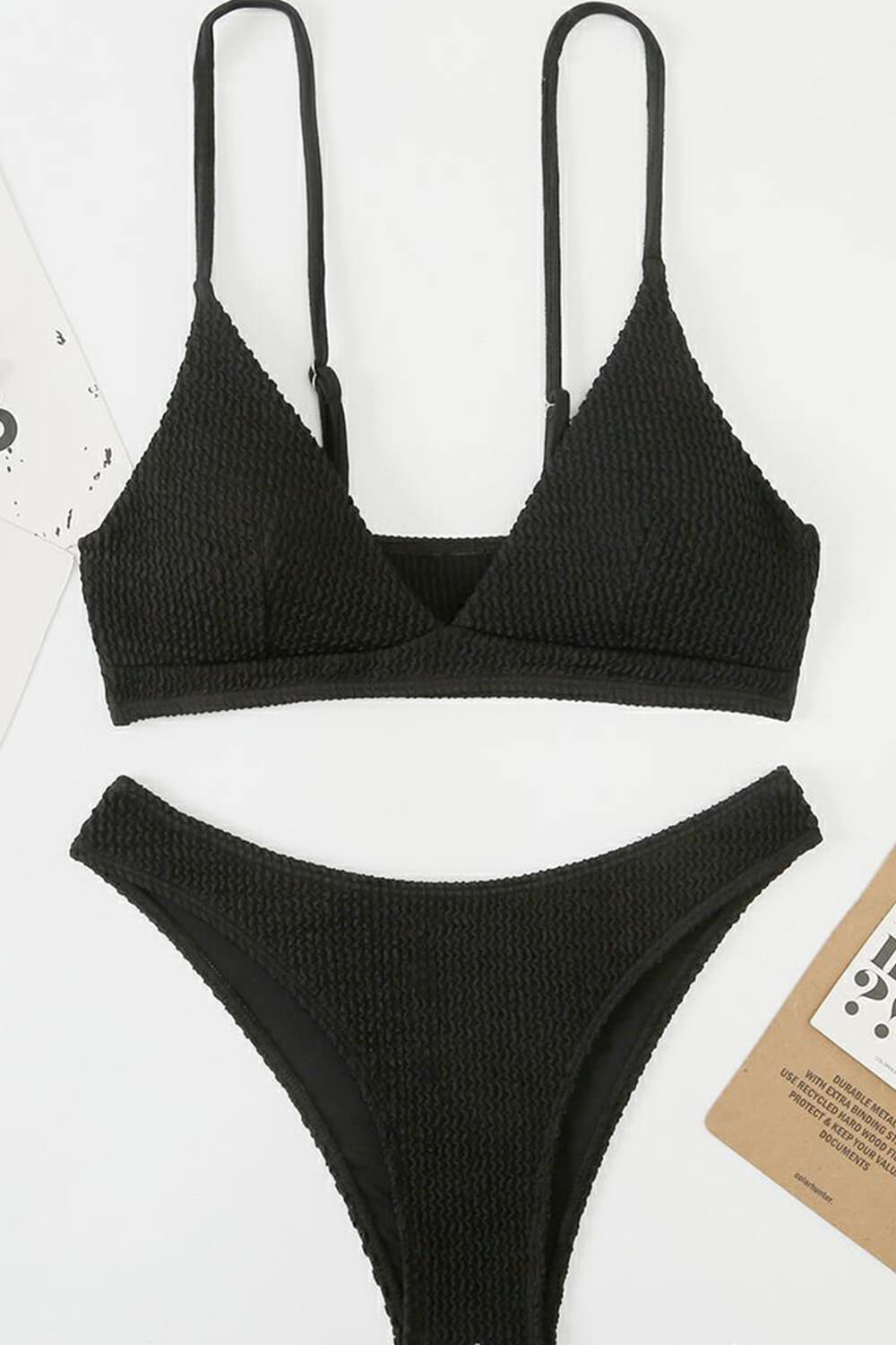 Crinkle V-Neck Bralette High-Cut Bikini Set