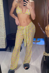 Yellow Flowers Print Triangle Ring Detailing Tie Side Bikini Set