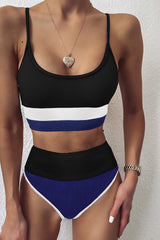 Colorblock Rib Sporty High-Waist Bikini Set - Black&White&Blue