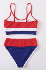 Colorblock Rib Sporty High-Waist Bikini Set - Red & White & Blue