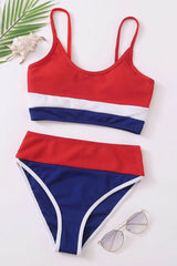 Colorblock Rib Sporty High-Waist Bikini Set - Red & White & Blue