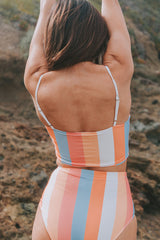 Multicolor Striped Longline Longline High Waisted Bikini Set