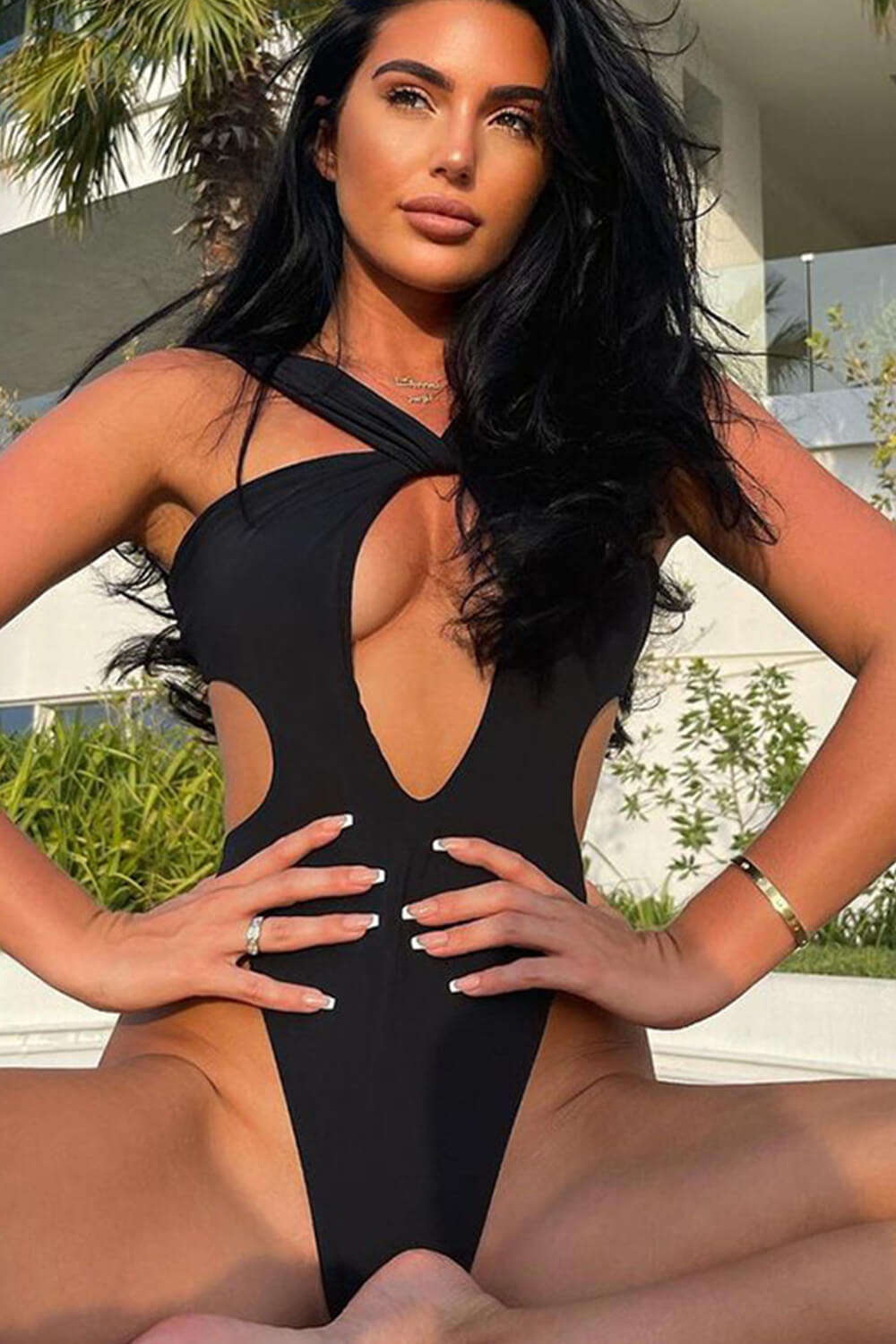 Cross-Front Halter Neck Cut Out High-Cut Brazilian One Piece Swimsuit - Black/Sienna