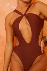 Cross-Front Halter Neck Cut Out High-Cut Brazilian One Piece Swimsuit - Black/Sienna