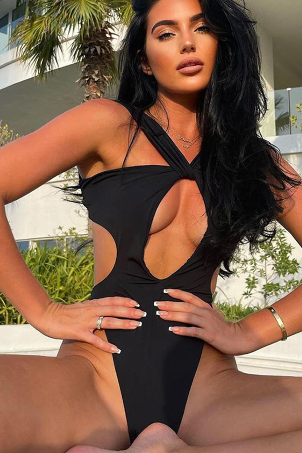 Cross-Front Halter Neck Cut Out High-Cut Brazilian One Piece Swimsuit - Black/Sienna