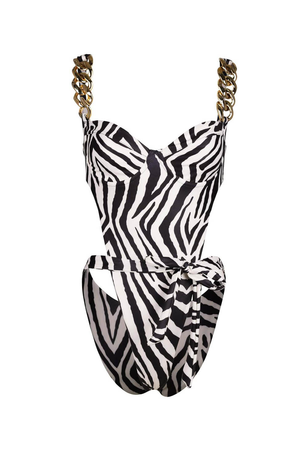 Zebra Print Underwire Wrap Around Gold Chain One Piece Swimsuit
