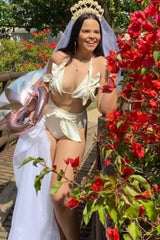 Cream Triangle Flower Applique High-Waisted Tie Front Bikini Set