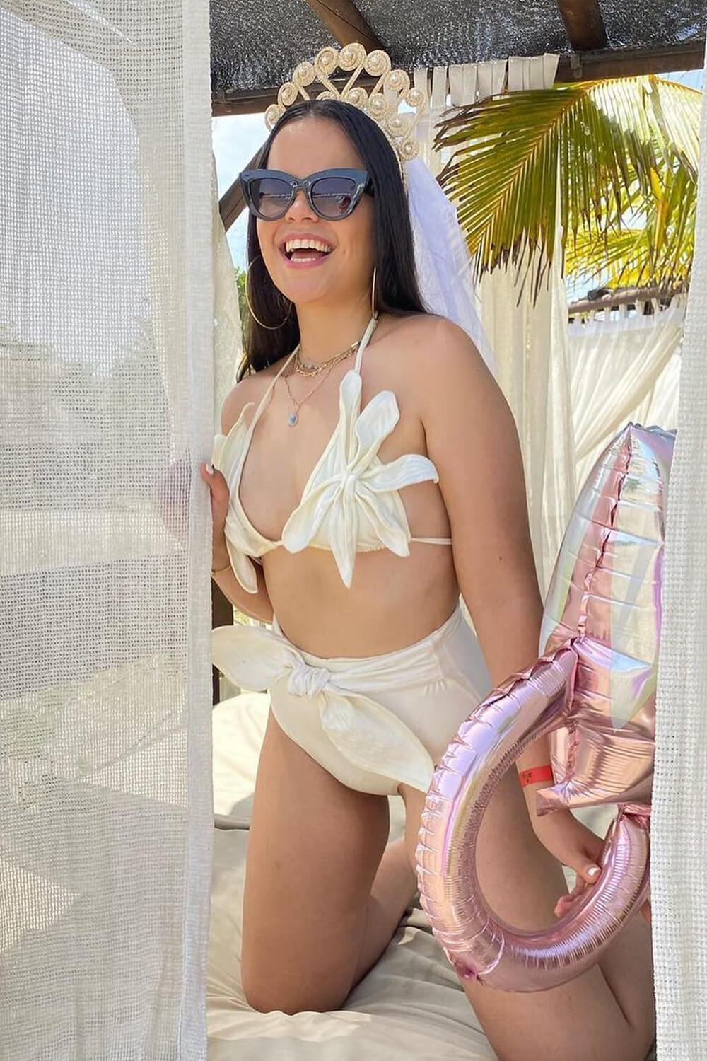 Cream Triangle Flower Applique High-Waisted Tie Front Bikini Set