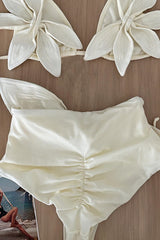 Cream Triangle Flower Applique High-Waisted Tie Front Bikini Set