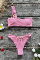 Pink Crinkle One Shoulder High-Rise Bikini Set
