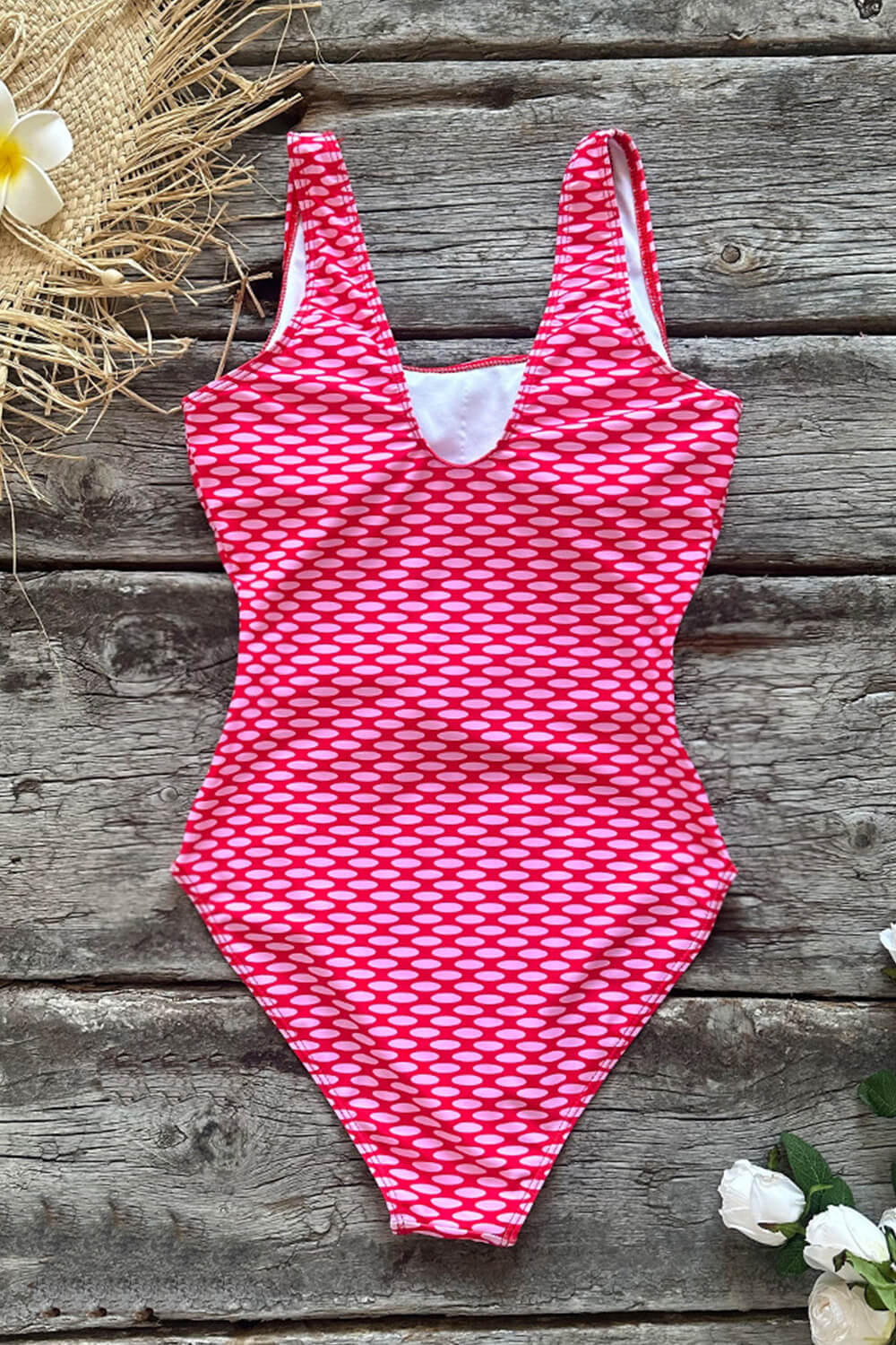 White Pink Contrast Belted One Piece Swimsuit