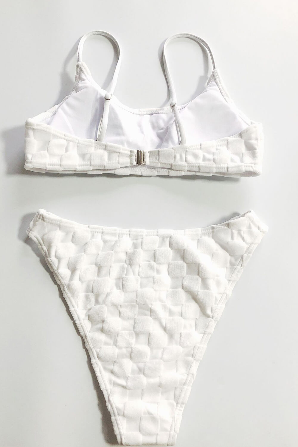 White Checkered Terry Towel High-Cut Bikini Set