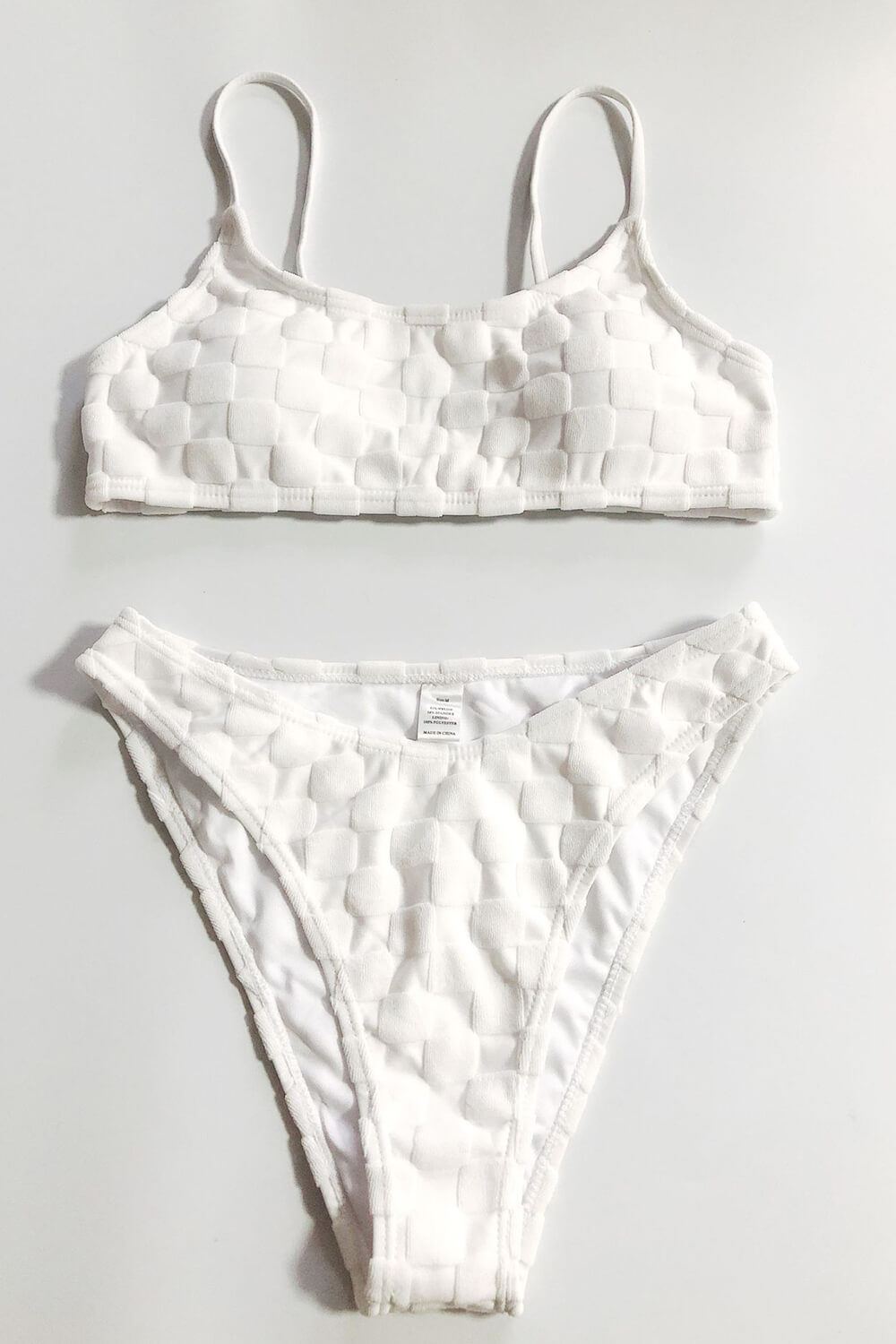 White Checkered Terry Towel High-Cut Bikini Set