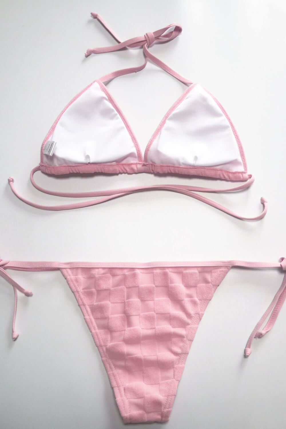 Checkered Terry Towel Halter Triangle Tie Side Bikini Set