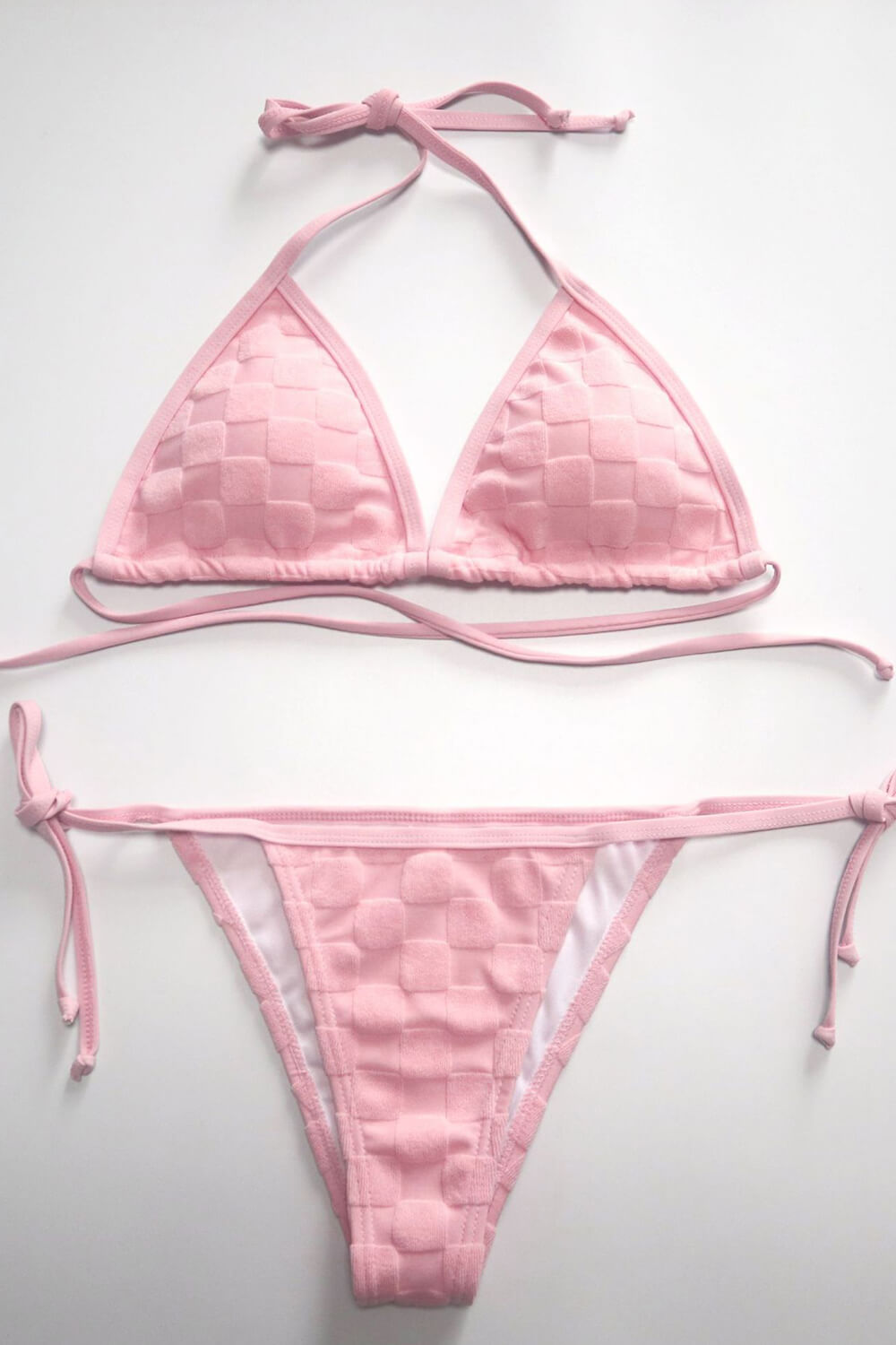 Checkered Terry Towel Halter Triangle Tie Side Bikini Set