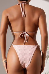 Checkered Terry Towel Halter Triangle Tie Side Bikini Set