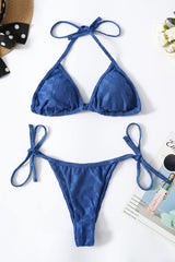 Checkered Terry Towel Halter Triangle Tie Side Bikini Set