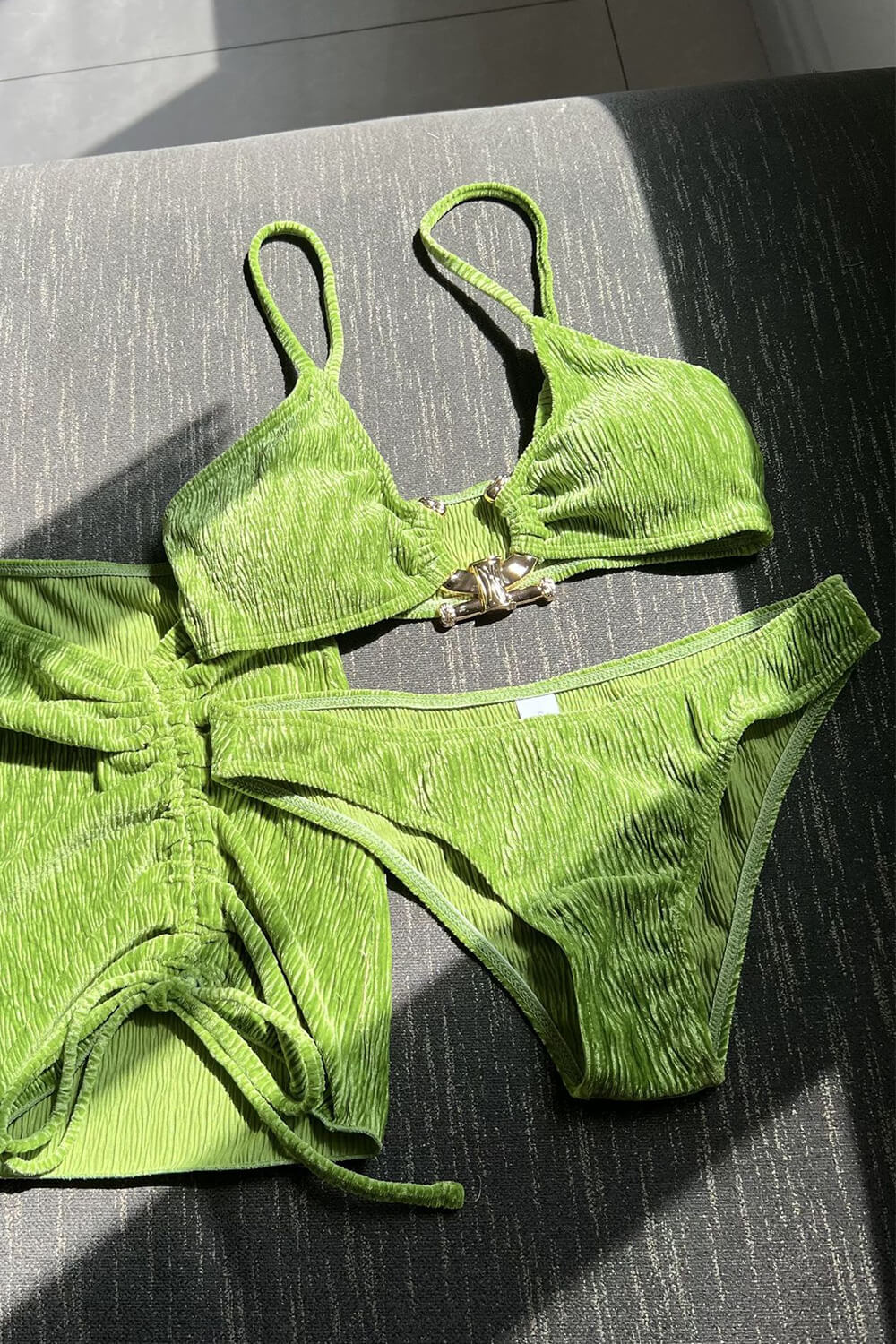 Textured Hammered Trim High Rise Bikini Set With Lace Up Sarong