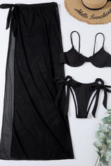 Rib Balconette Underwire Tie Side Bikini Set With Side Split Sarong Midi Skirt