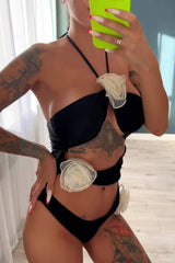 Rose Applique Halter Neck Cut-Out One Piece Swimsuit - Black & Beige