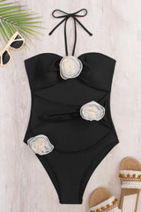 Rose Applique Halter Neck Cut-Out One Piece Swimsuit - Black & Beige