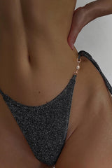 Sparkly Glitter Triangle Halter Tie Side Bikini Set With Pearl Chain Detail